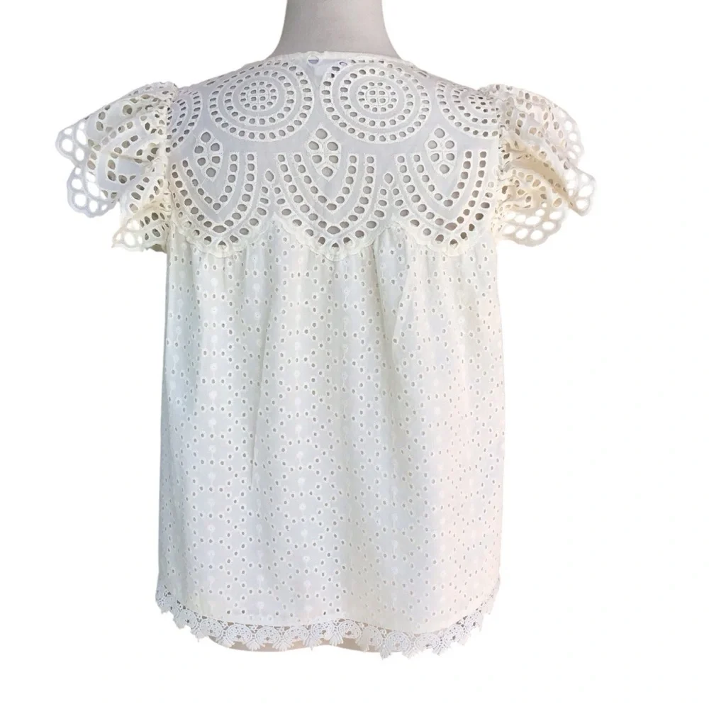 Jennifer & Grace Eyelet Crochet Trim Ruffle Sleeve Blouse in Cream - Picture 6 of 10